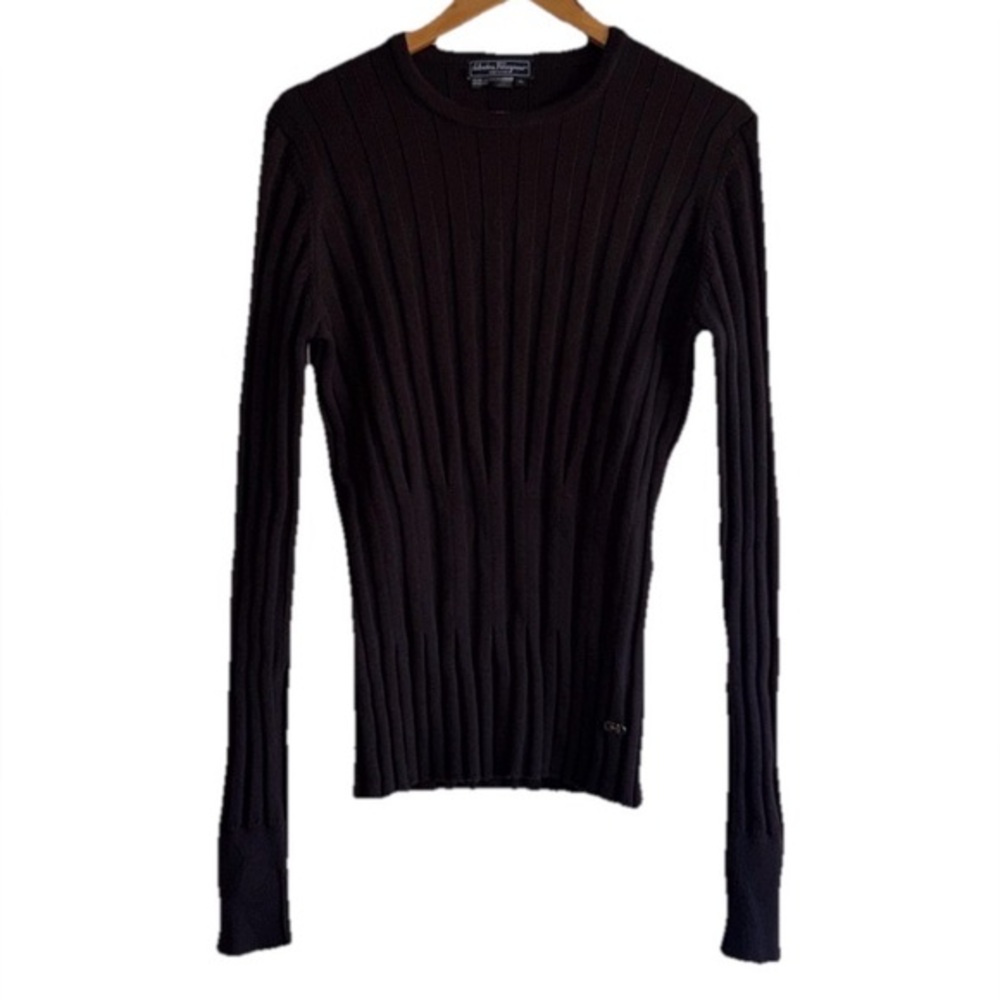 Salvatore Ferragamo Brown Ribbed Wool Long Sleeve Sweater Sz. XL